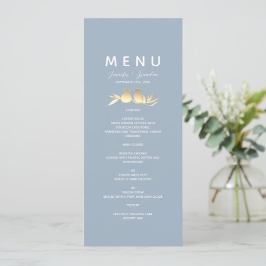 Menu Dusty Blue Lovebirds Wedding (Debout devant)