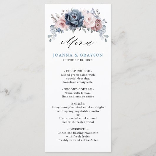 Menu Dusty Blue Mauve Rose rose ardoise Mariage floral (Devant)