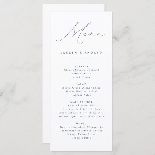 Menu Dusty Blue Modern Classic Mariage événement Mariag (Devant / Derrière)