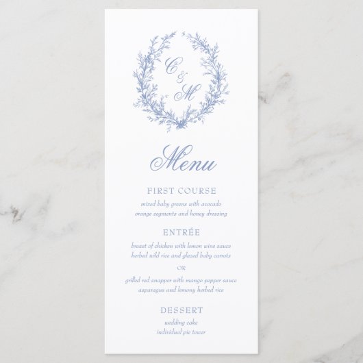 Menu Dusty Blue Monogram Mariage de couronne botanique (Devant)