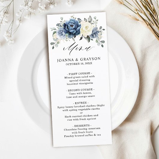 Menu Dusty Blue Navy Champagne Ivory Floral Mariage