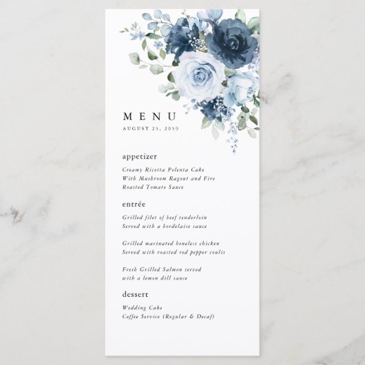 Menu Dusty Blue Navy Floral Wedding Reception Dinner (Devant)