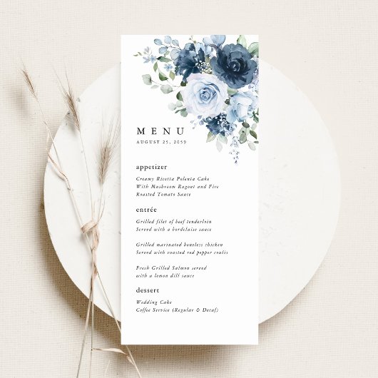 Menu Dusty Blue Navy Floral Wedding Reception Dinner