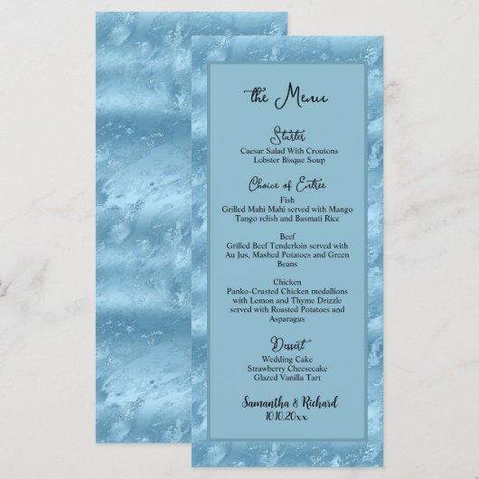 Menu Dusty Blue Silver Marble Parties scintillant 4x9 M (Devant / Derrière)