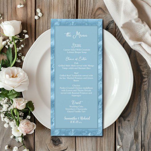 Menu Dusty Blue Silver Marble Parties scintillant 4x9 M