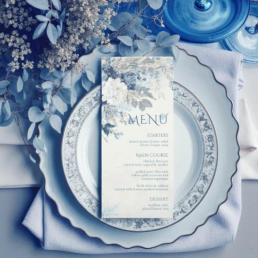 Menu Dusty Blue Silver Rose hiver Floral Mariage
