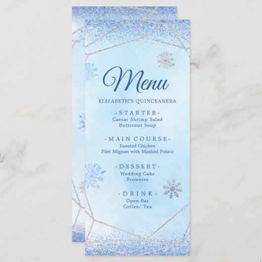 Menu Dusty Blue Silver Snowflake Noël Mis Xv Años (Devant / Derrière)