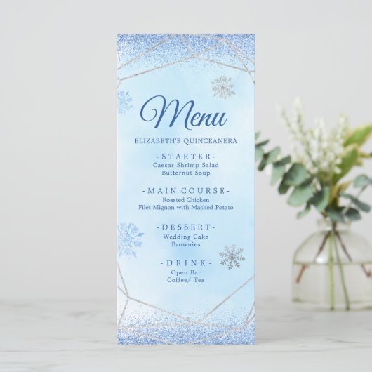 Menu Dusty Blue Silver Snowflake Noël Mis Xv Años (Debout devant)