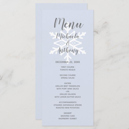Menu Dusty Blue Snowflake Mariage d'hiver (Devant / Derrière)