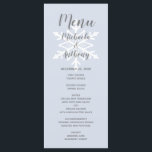 Menu Dusty Blue Snowflake Mariage d'hiver<br><div class="desc">Un design simple mais élégant avec un flocon de neige blanc sur un arrière - plan bleu poussiéreux,  avec le mot "Menu" et les noms de la mariée et du marié en script gris,  et le reste du texte en police sans serif.</div>