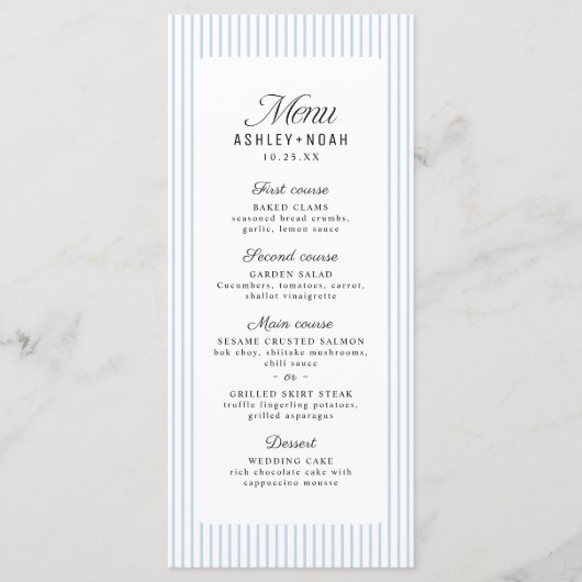 Menu Dusty Blue Striped Elegance Classy Wedding (Devant)