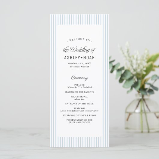 Menu Dusty Blue Striped Elegance Classy Wedding Program (Debout devant)
