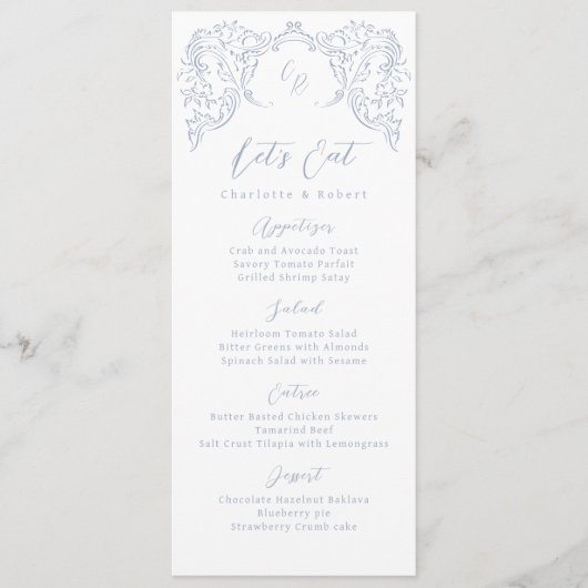 Menu Dusty Blue Vintage Flourd Mariage Monogramme (Devant)