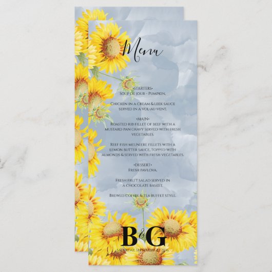 Menu Dusty Blue Watercolor Sunflowers Monogram Mariage (Devant / Derrière)
