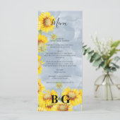 Menu Dusty Blue Watercolor Sunflowers Monogram Mariage (Debout devant)