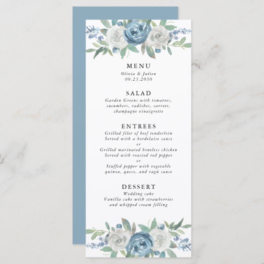 Menu Dusty Blue & White Mariage (Devant / Derrière)