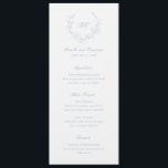 Menu Dusty Blue Wreath Monogramme Mariage élégant<br><div class="desc">Menu de mariage élégant avec un design propre et intemporel avec votre monogramme à l'intérieur d'une crête de couronne.</div>