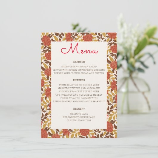 Menu Dusty Brunt Orange Peony Flowers Mariage de automn (Debout devant)