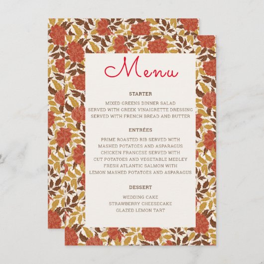 Menu Dusty Brunt Orange Peony Flowers Mariage de automn (Devant / Derrière)