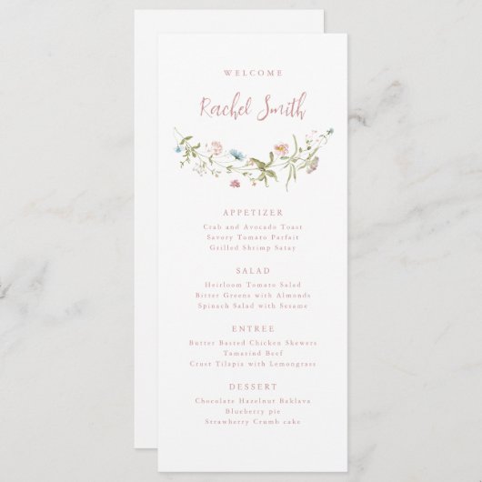 Menu Dusty Fleur sauvage rose Boho Mariage Nom d'hôte (Devant / Derrière)