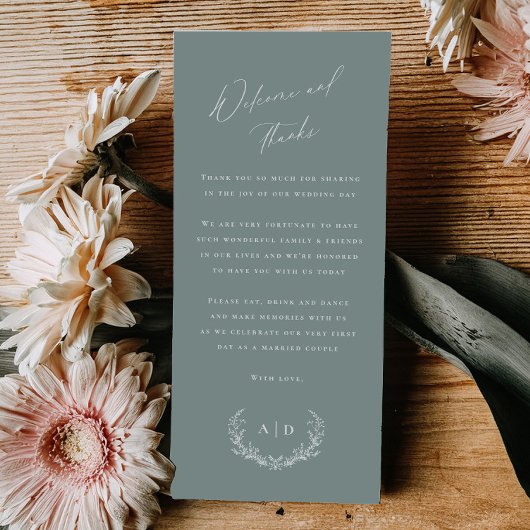 Menu Dusty Green Wedding Day Welcome and Thank you Card
