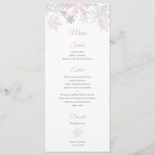 Menu Dusty Pink & Silver Snowflakes Winter Wonderland (Devant)