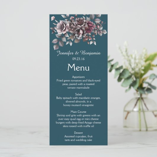 Menu Dusty Purple, Dark Teal, Dusty Lavender Wedding | (Debout devant)