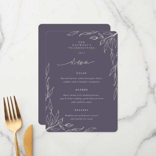 Menu Dusty Purple Leaf Motif Thanksgiving Dîner (Devant/Arrière en situation)