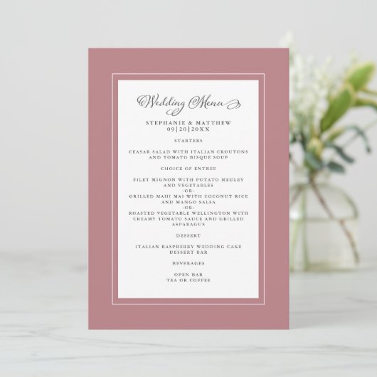Menu Dusty Rose Mariage moderne chic bordures (Debout devant)