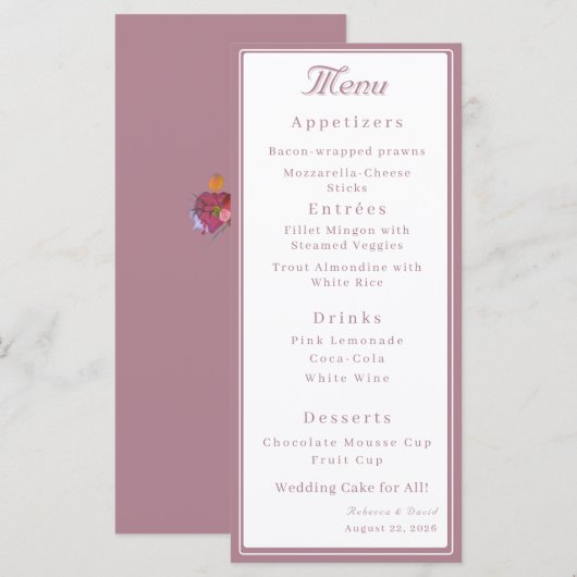 Menu Dusty Rose Two Hearts Catholic Wedding (Devant / Derrière)
