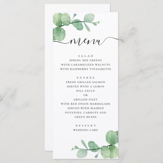 Menu Eau-couleur eucalyptus. Mariage de script élégant (Devant / Derrière)