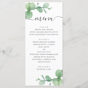 Menu Eau-couleur eucalyptus. Mariage de script élégant