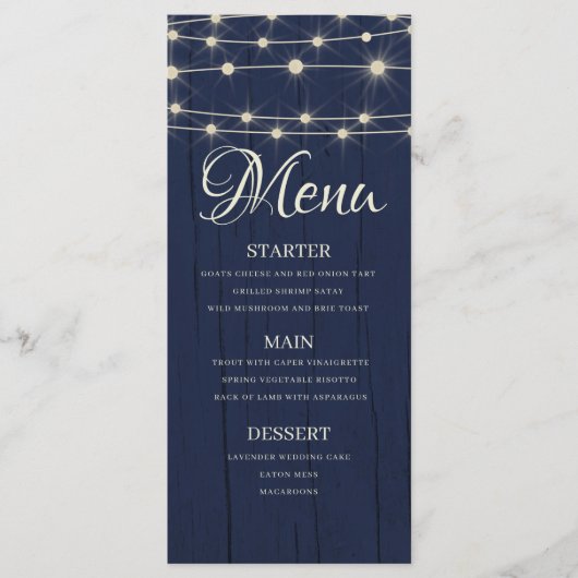 Menu Éclairage à cordes rustiques Mariage en bois bleu  (Devant)