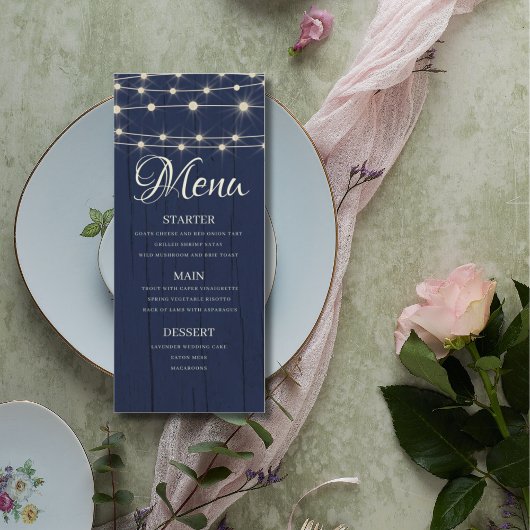 Menu Éclairage à cordes rustiques Mariage en bois bleu 