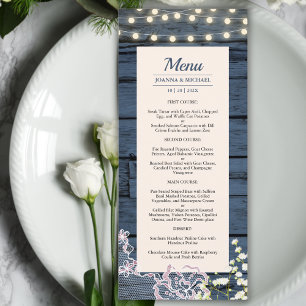 Menu Éclairage de mariage rustique en bois bleu et guir