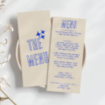 Menu Ecrit à la main bleu rétro Bold moderne Mariage am<br><div class="desc">Un menu de dîner mariage rétro coloré et moderne Periwinkle. Ce qui présente un design modèle chic de boho vintage beige crémeux arrière - plan et la typographie bleue et menu écrit à la main en bleu. Et arrière - plan brillant. Parfait et assorti à toute la suite.</div>