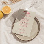 Menu Écrit à la main Colorful brillant Funky moderne Ma<br><div class="desc">Un menu de dîner mariage moderne et coloré rétro et moderne. Ce qui présente un design modèle chic de boho vintage laiteux arrière - plan et magenta rouge typographie et menu écrit à la main en rouge. Parfait et assorti à toute la suite.</div>