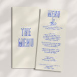 Menu Écrit main dessiné Bleu Retro Quirky Mariage amusa<br><div class="desc">Un menu à la main coloré rétro funky dessiné à la main bleu mariage menu du dîner. Ce qui présente un design modèle chic de boho vintage beige crémeux arrière - plan et la typographie bleue et menu écrit à la main en bleu. Et arrière - plan brillant. Parfait et...</div>