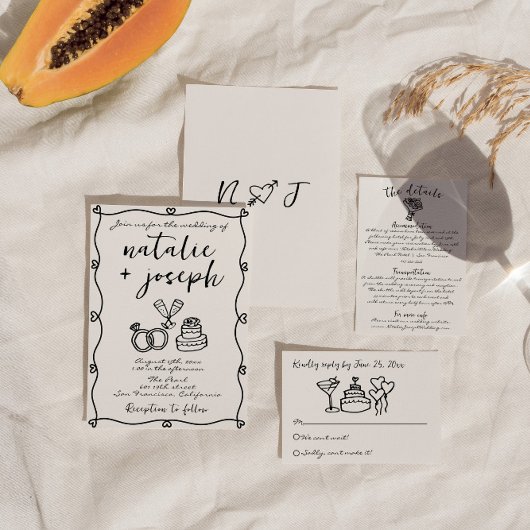 Menu Écrit main dessiné Scribble Quirky Mariage unique