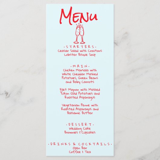 Menu Écrite à la main Bleu Rouge Rétro Mariage ironique (Devant)