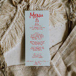 Menu Écrite à la main Bleu Rouge Rétro Mariage ironique<br><div class="desc">Un menu coloré rétro moderne et chaleureux mariage rouge vif pour le dîner. Ce qui présente un design modèle chic de boho vintage bleu ciel arrière - plan et brillant rouge typographie et menu écrit à la main en rouge. Et des lunettes de champagne dessinées à la main. Avec arrière...</div>