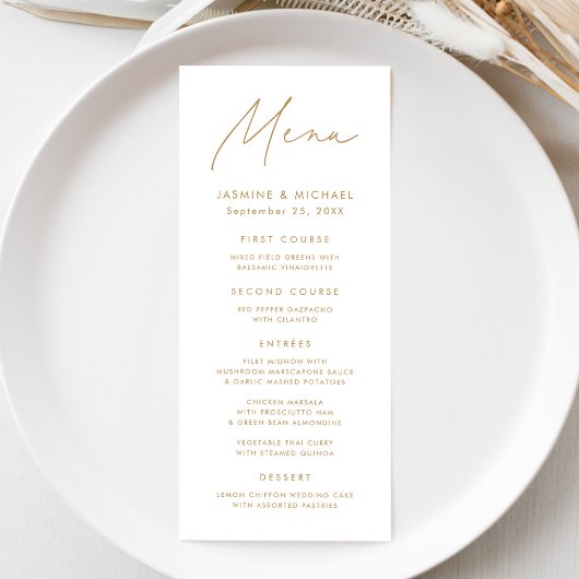 Menu Écriture dorée moderne pour mariage
