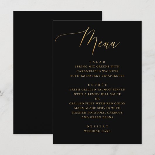 Menu Écriture Élégante | Mariage Classique Noir et Or (Devant / Derrière)