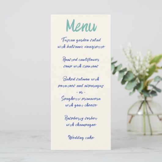 Menu Écriture manuscrite Gras Retro Vert Mariage bleu (Debout devant)