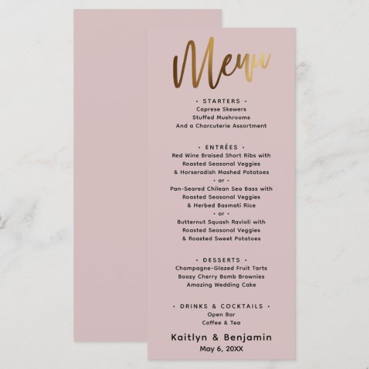 Menu Écriture manuscrite minimale or Typographie Rose d (Devant / Derrière)