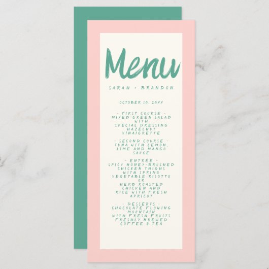 Menu Écriture manuscrite rose verte Typographie Mariage (Devant / Derrière)