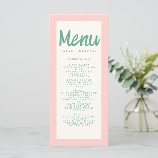 Menu Écriture manuscrite rose verte Typographie Mariage (Debout devant)