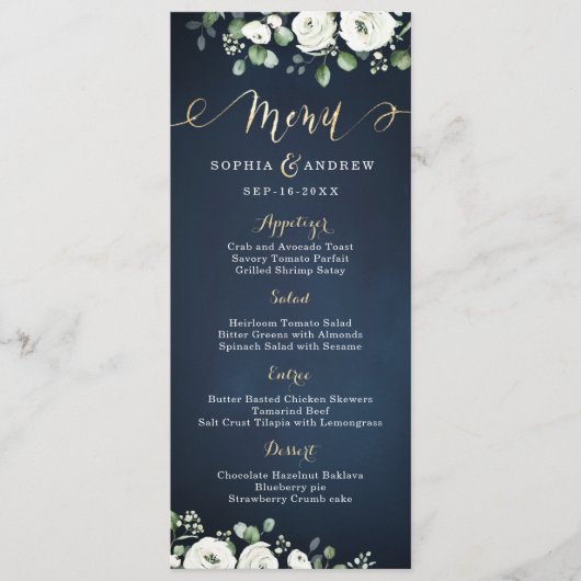 Menu Écriture or moderne marine bleu blanc mariage flor (Devant)