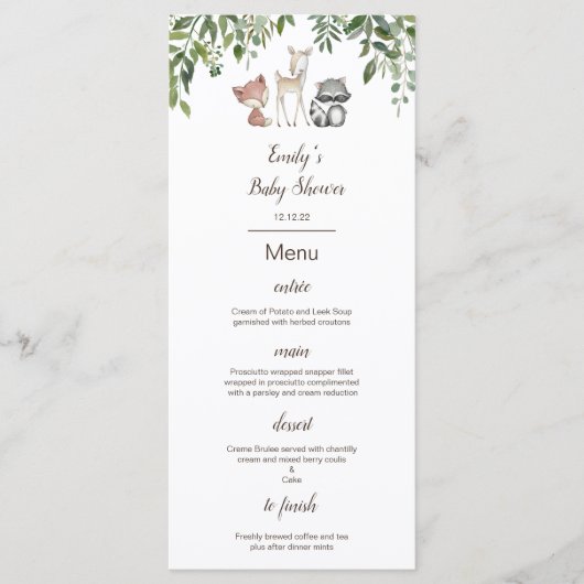 Menu Editable, Baby shower Woodland (Voorkant)