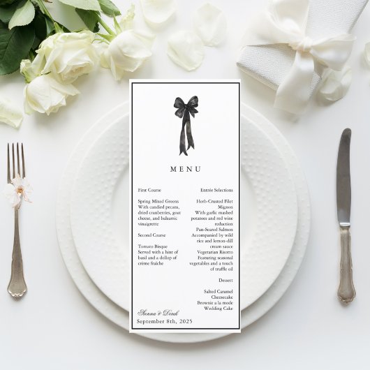 Menu Élégance Bow ruban Mariage noir et blanc